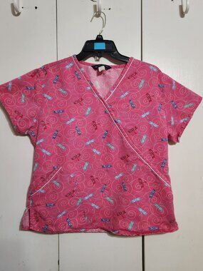 Nu Dimension Scrub Top Small Pink Dragonfly Swirl Mock Wrap V-Neck Nurse Medical